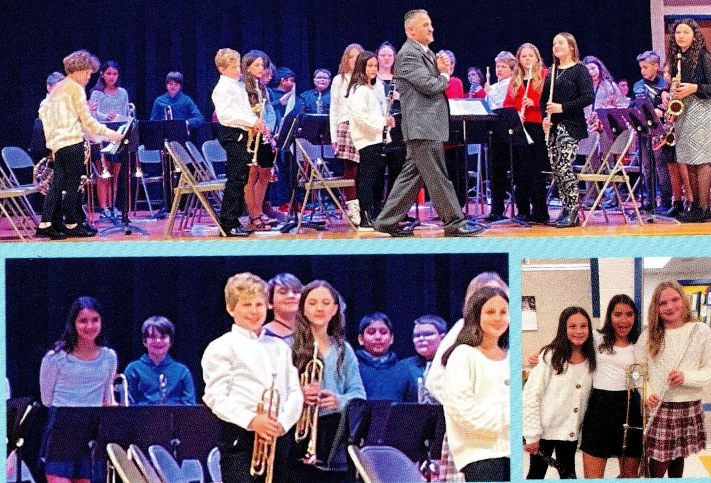 Concert photos: the full band on stage, trumpet players in the front row, and three students with their instruments